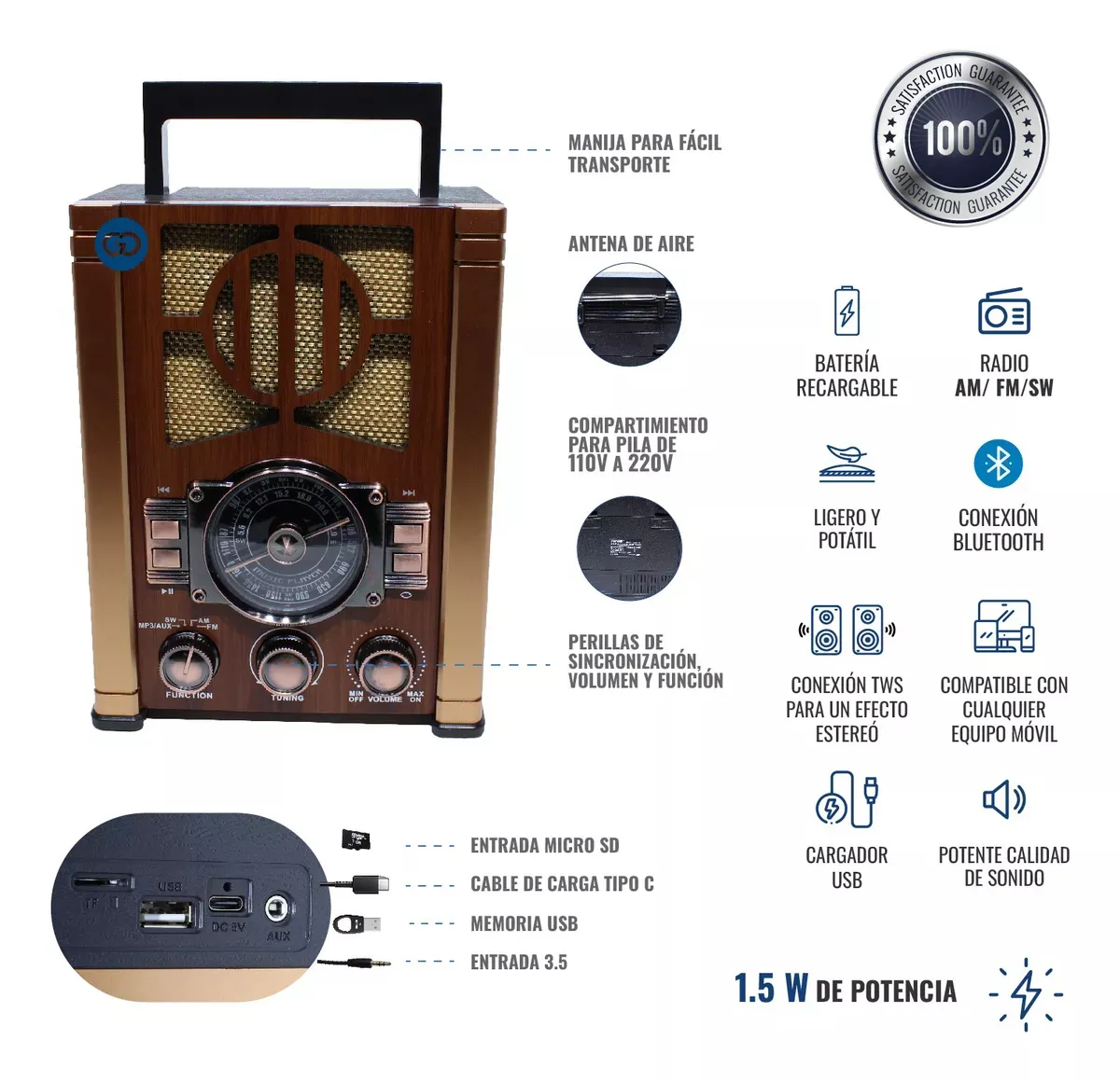 Radio Rockola Clásico Am Fm Bluetooth Vintage Usb Potente