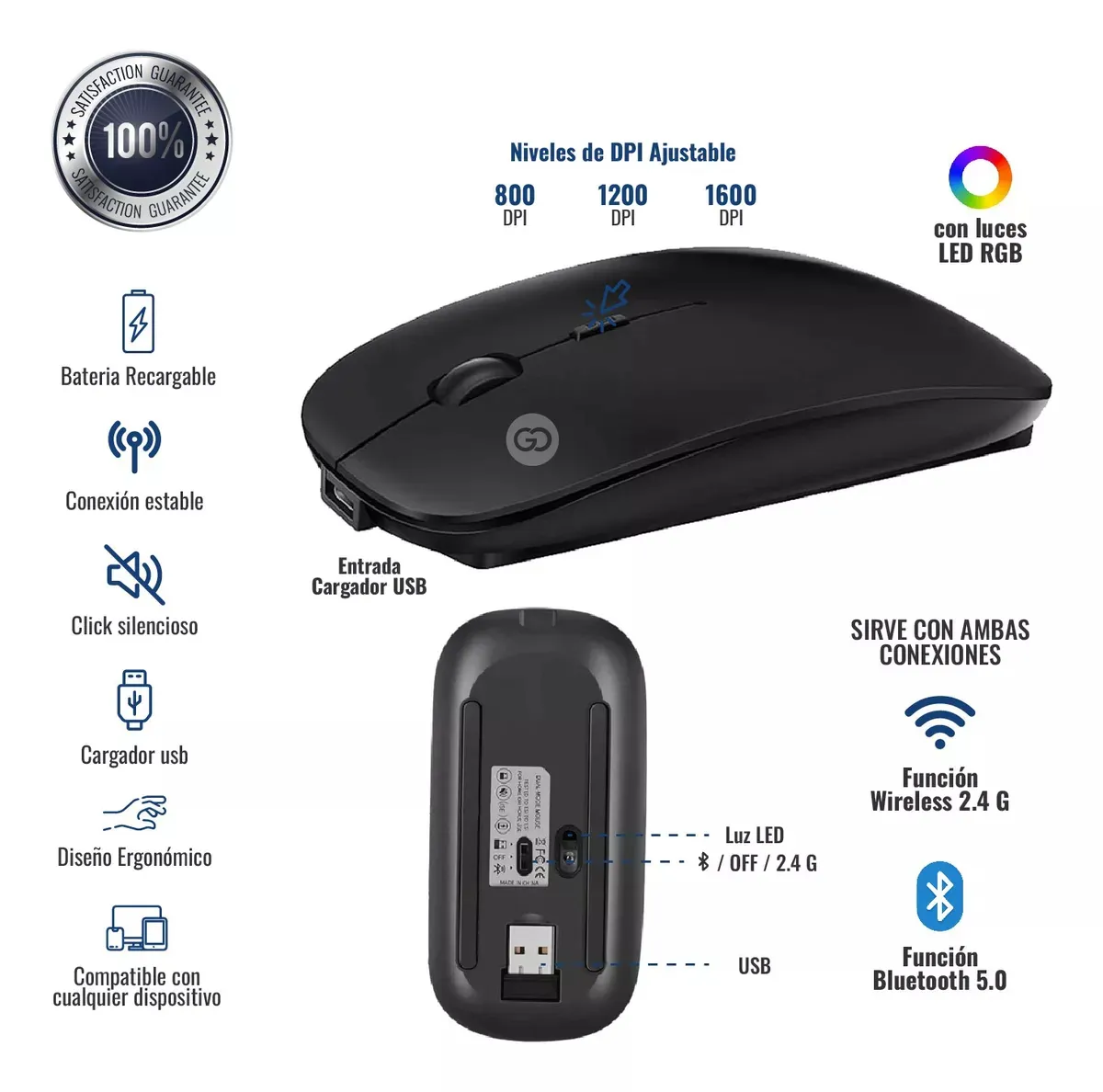  Mouse Innovall 2 En 1 Pc Bluetooth Receptor Usb Recargable