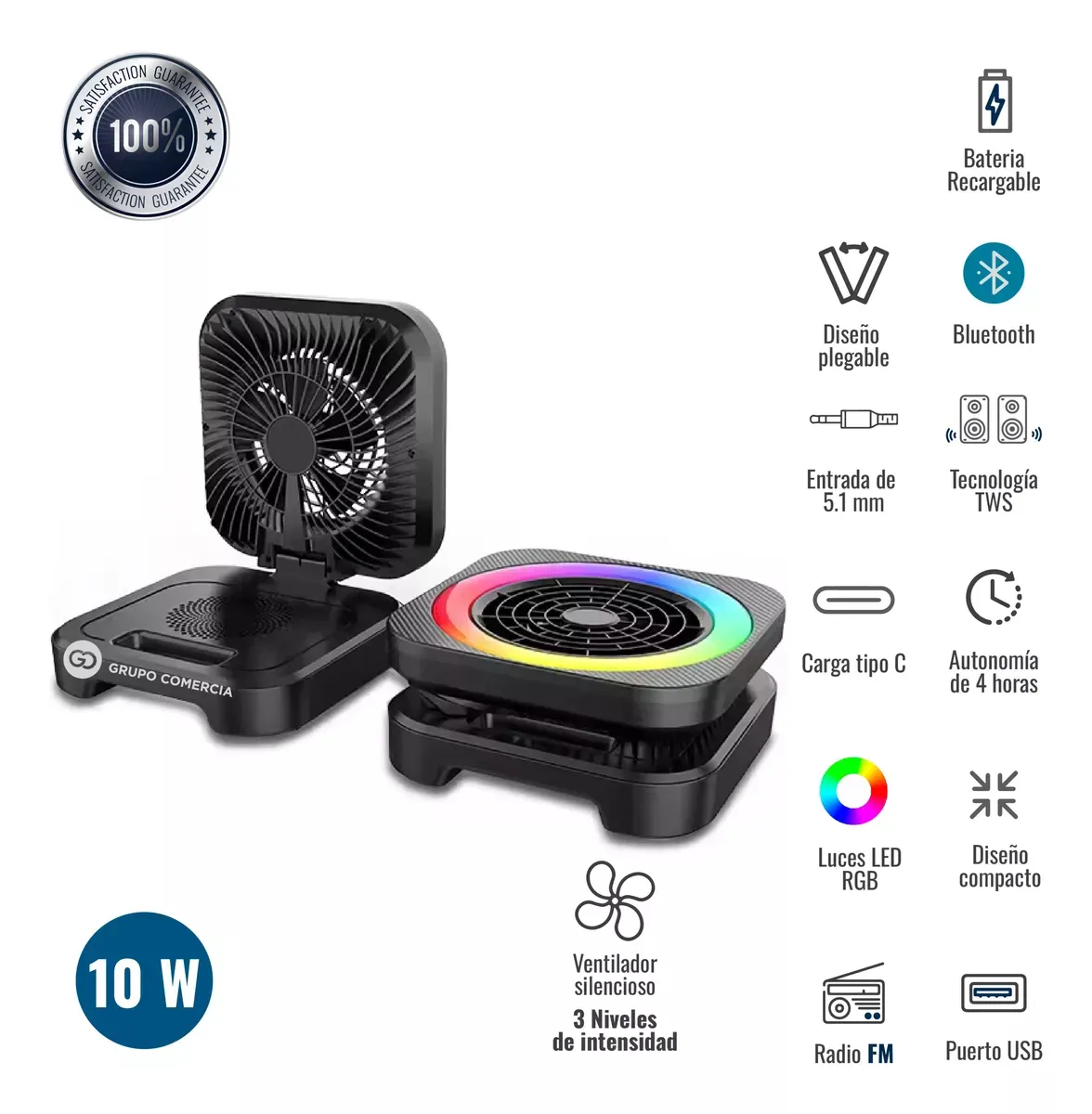 Ventilador Recargable Con Parlante Bluetooth Aux Luces Rgb