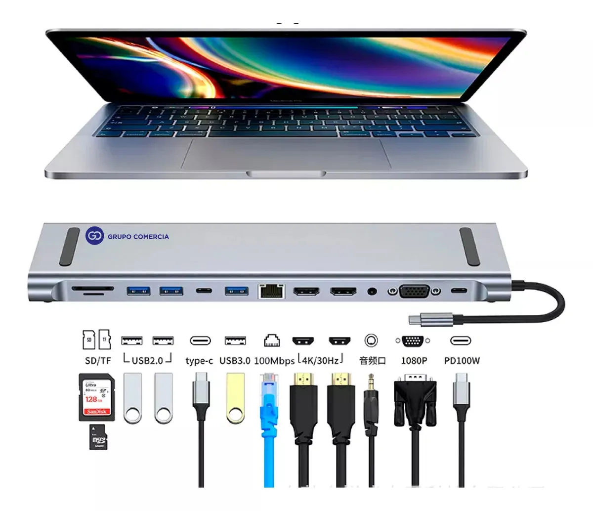 Hub Convertidor Tipo C 12 En 1 Macbook Pc Ethernet 1000 Mbps