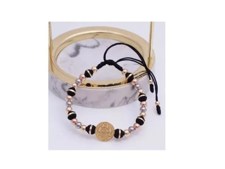 Manilla Pulsera Oro Laminado Tres Oros Con Dije Esferas