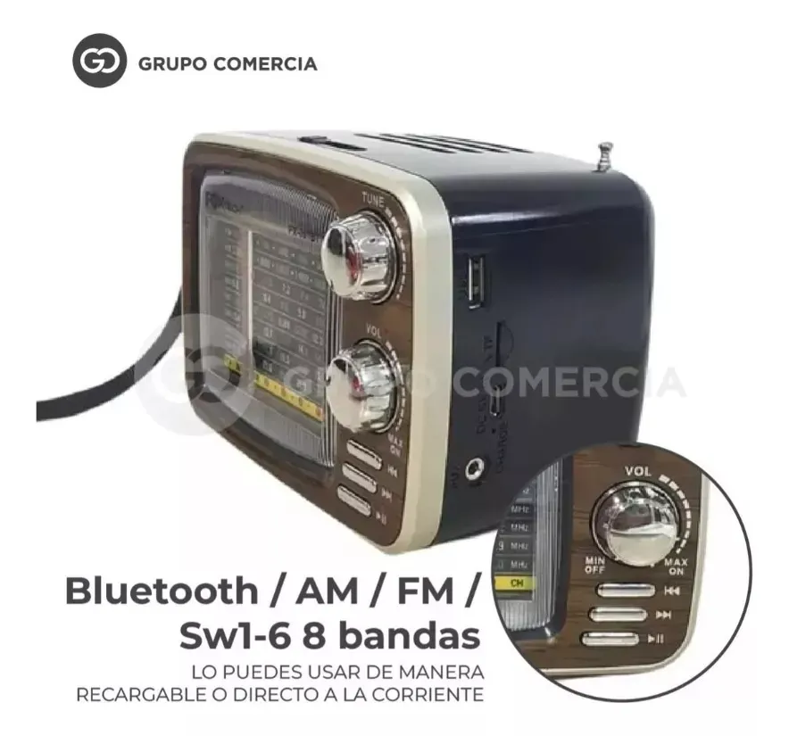 Radio De Alta Potencia Recargable Am/Fm Usb Bluetooth Mp3