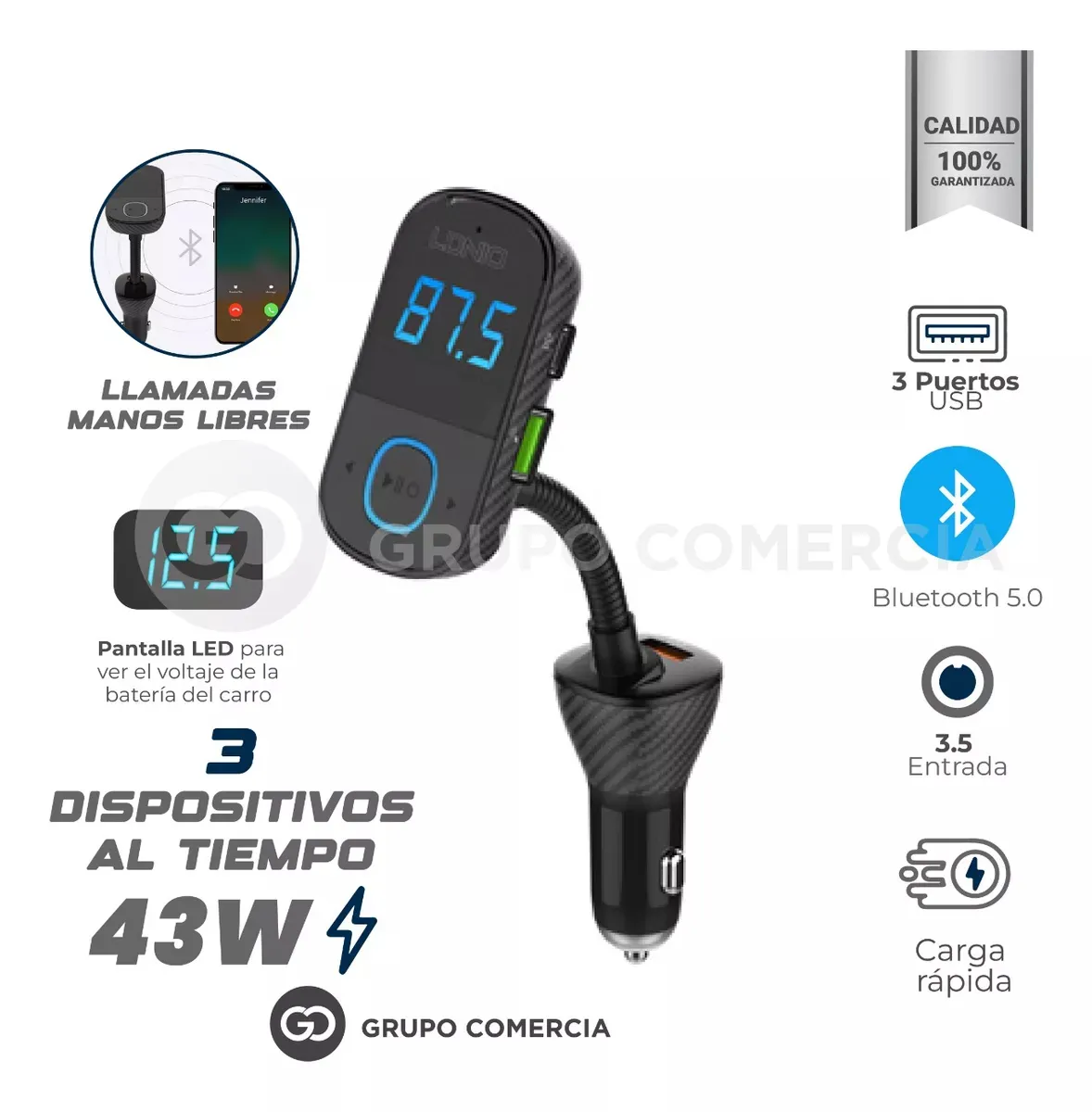 Transmisor Bluetooth Para Carro Digital Carga Rápida Fm Pd