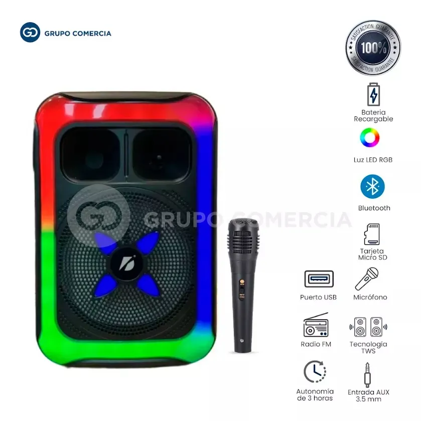 Parlante Bluetooth Recargable Tws Luz Rgb 8 Fm + Micrófono