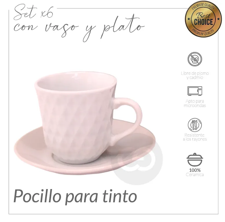 Set X6 Pocillo 120ml Relieve Elegante + Plato Para Café
