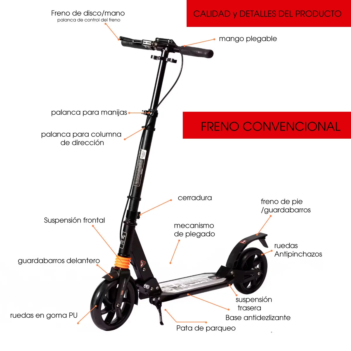 Patineta Urbana Mecánica para adolescentes con ruedas de 20cm, capacidad de 100 kilos con freno convencional.