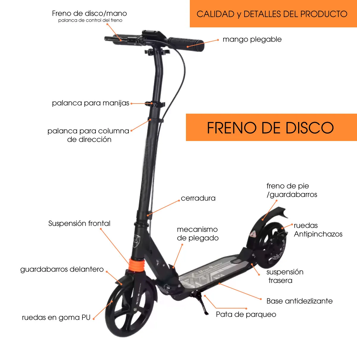 Patineta Urbana Mecánica para adolescentes con ruedas de 20cm, capacidad de 100 kilos Con freno de disco.