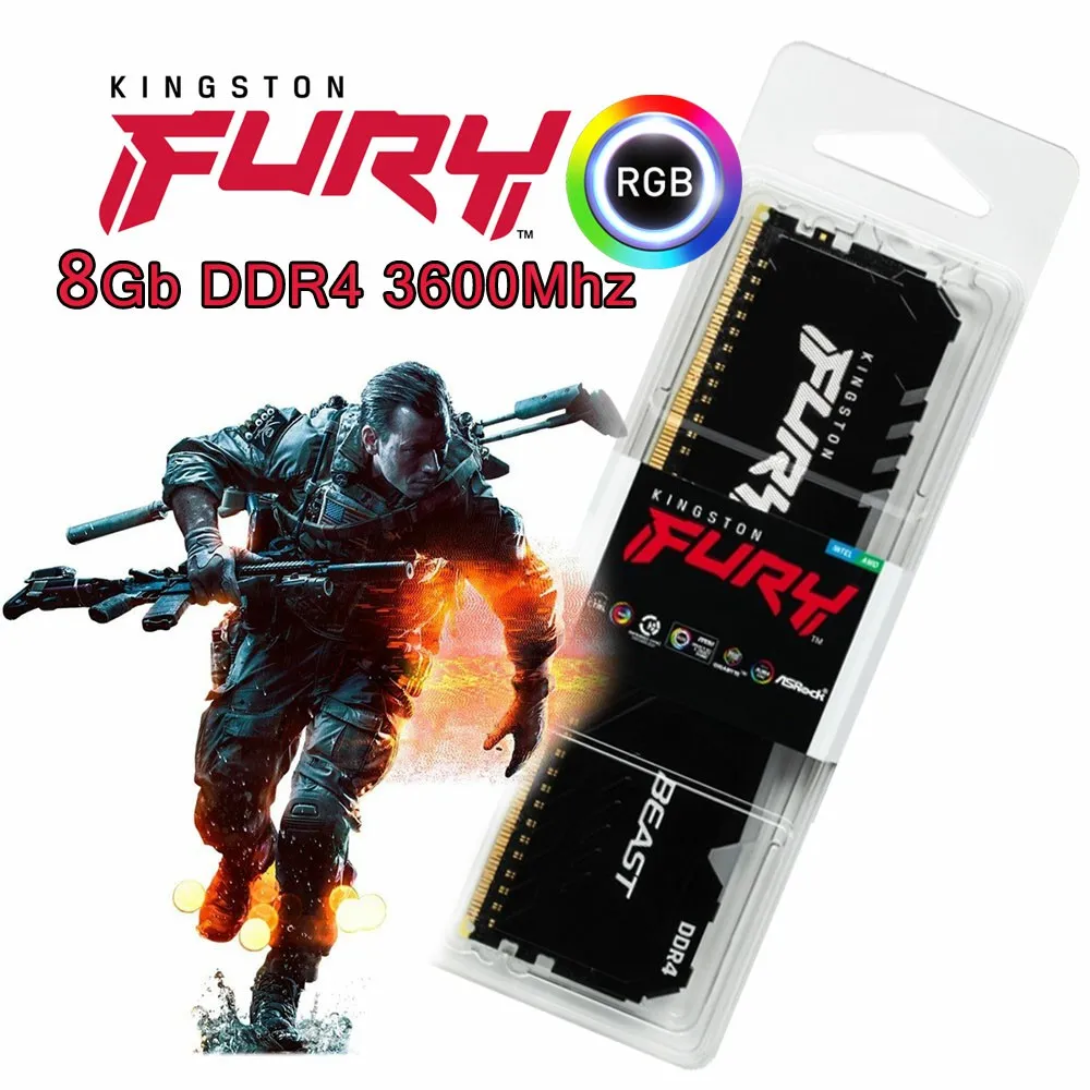 Memoria RAM Kingston 8GB 3600MHz DDR4 FURY Beast RGB Black (Ryzen–Inte)