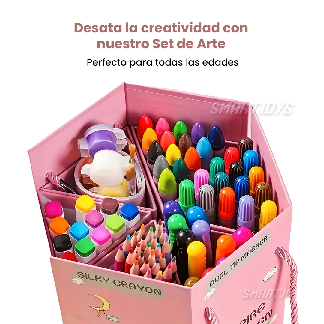 Set De Arte Caja Hexagonal Rosada Para Niños, Colores, Marcadores, Crayones