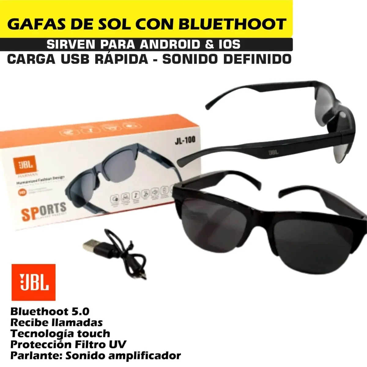 Gafas De Sol JBL Bluetooth Conducción Ósea Con Micrófono Jl-100