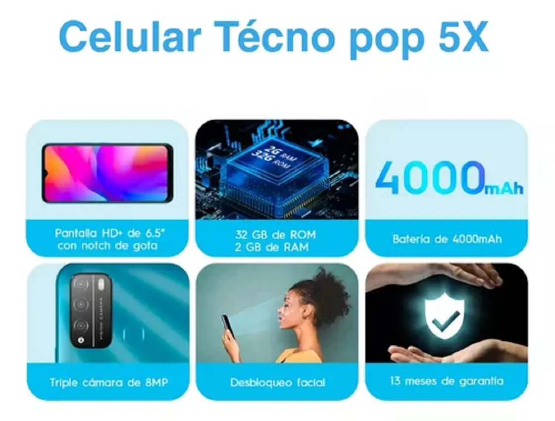 Celular Tecno Pop 5x Lector De Huella 6.5 Pulgadas 4g Lte