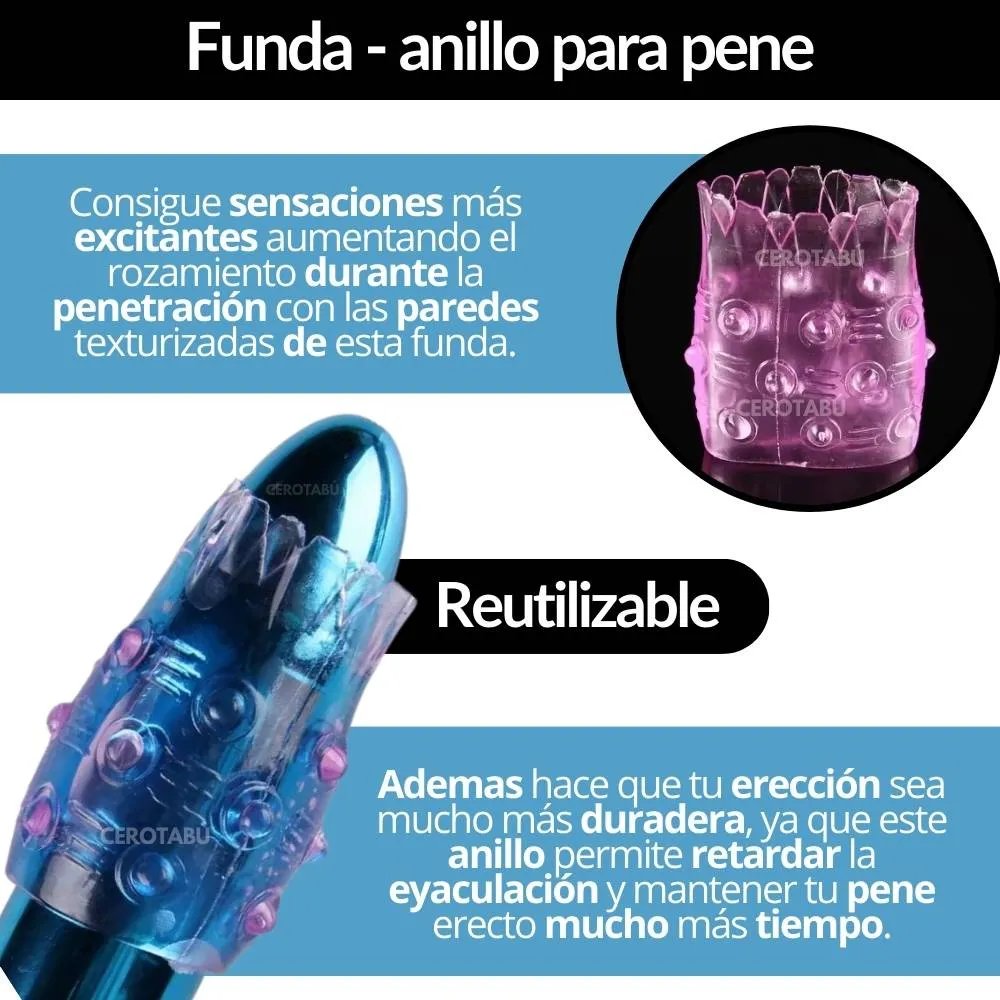 Funda Pene Textura Retardante Adaptable Flexible Anillo Silicona 