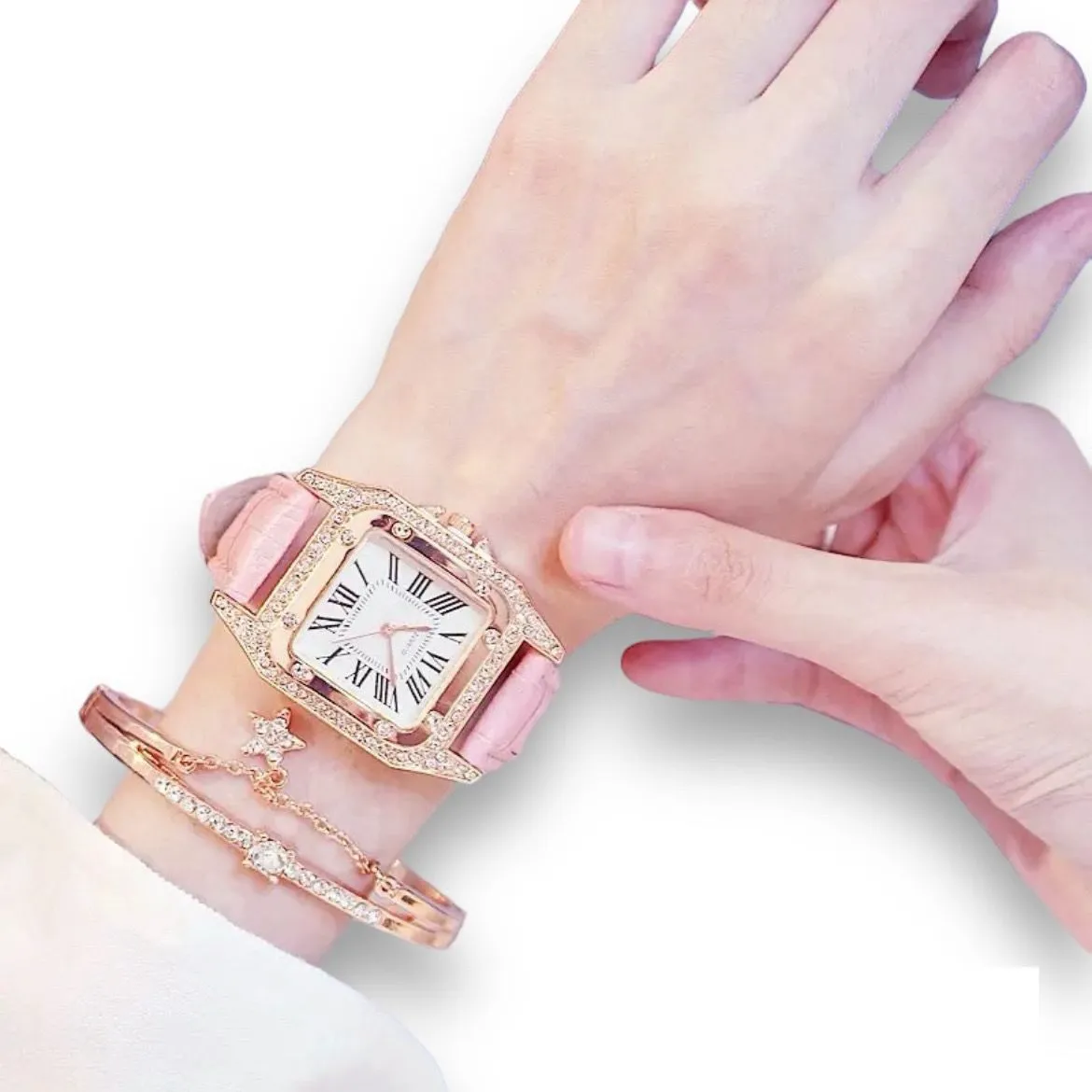 Reloj Diamantes Para Mujer Con Pulsera Esfera Cuadrada Estrellada