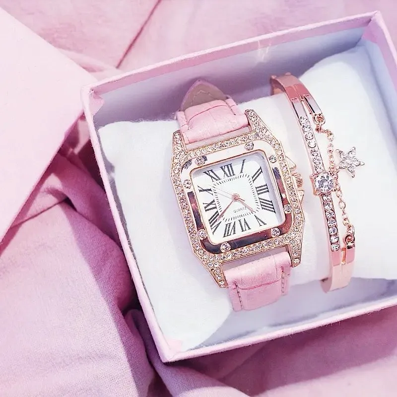 Reloj Diamantes Para Mujer Con Pulsera Esfera Cuadrada Estrellada