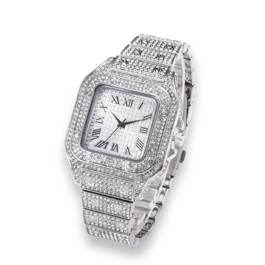 Reloj De Pulsera De Cuarzo Para Hombre De Lujo Con Diamantes Cuadrados