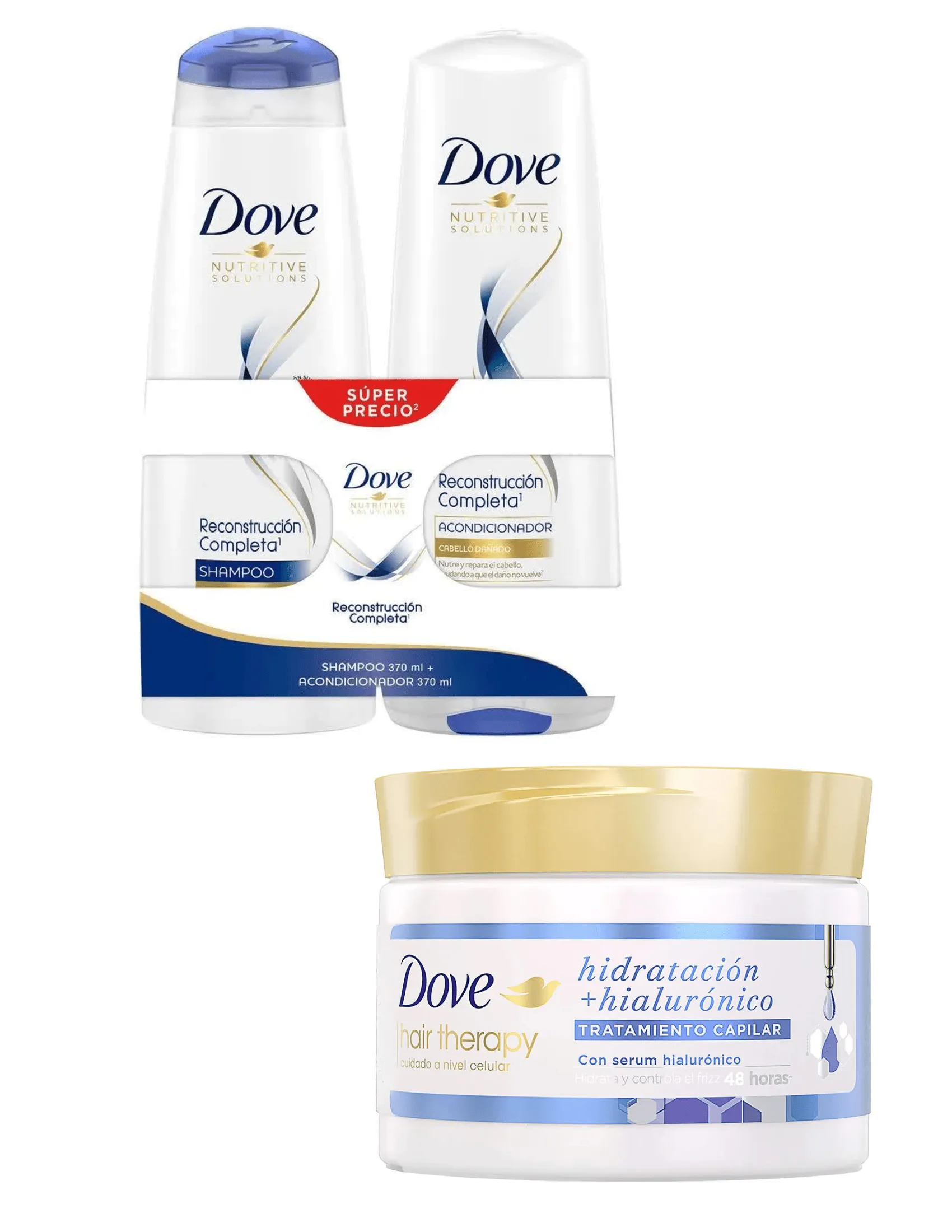 Combo Dove: Shampoo, Acondicionador y Tratamiento. 