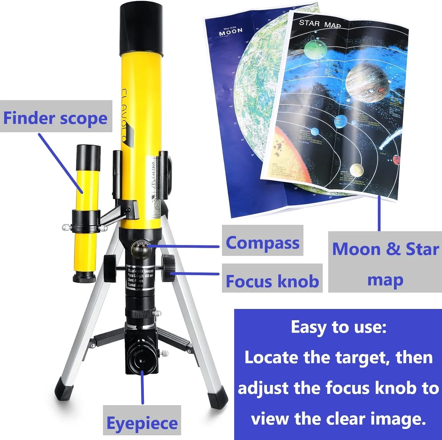 Telescopio Refractor C-f40040 Para Niños Y Principiantes, 3 Oculares De Aumento, CLAVOLO 