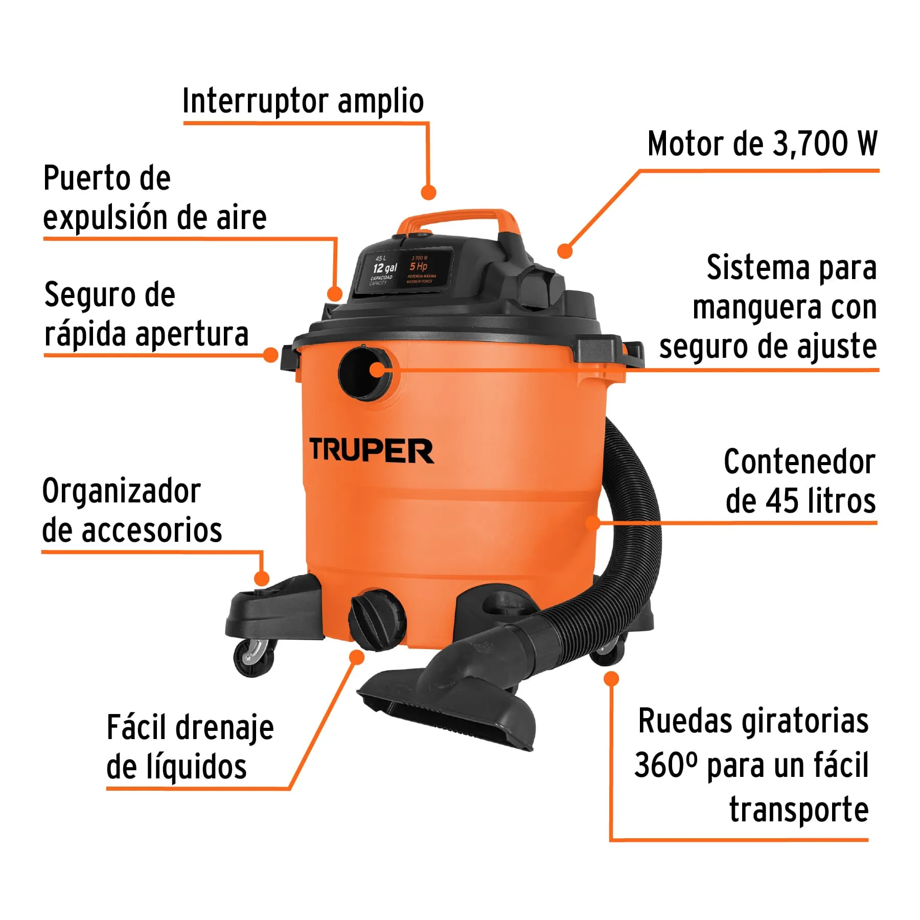 Aspiradora Sopladora 3.700 W De 45 L Para Sólidos Y Líquidos Truper