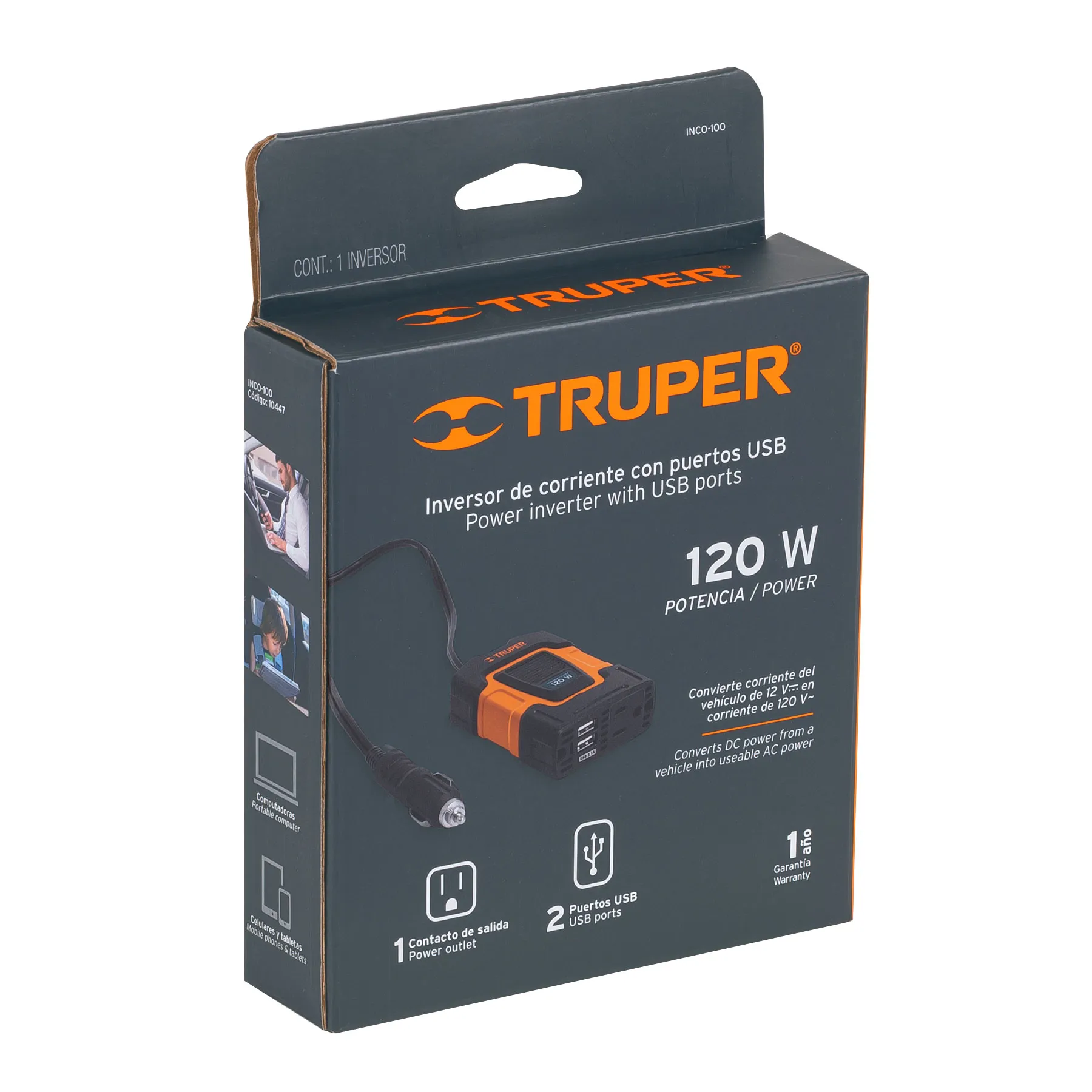 Inversor De Corriente 120 W Para Carro, Con Usb Y 1 Enchufe Truper