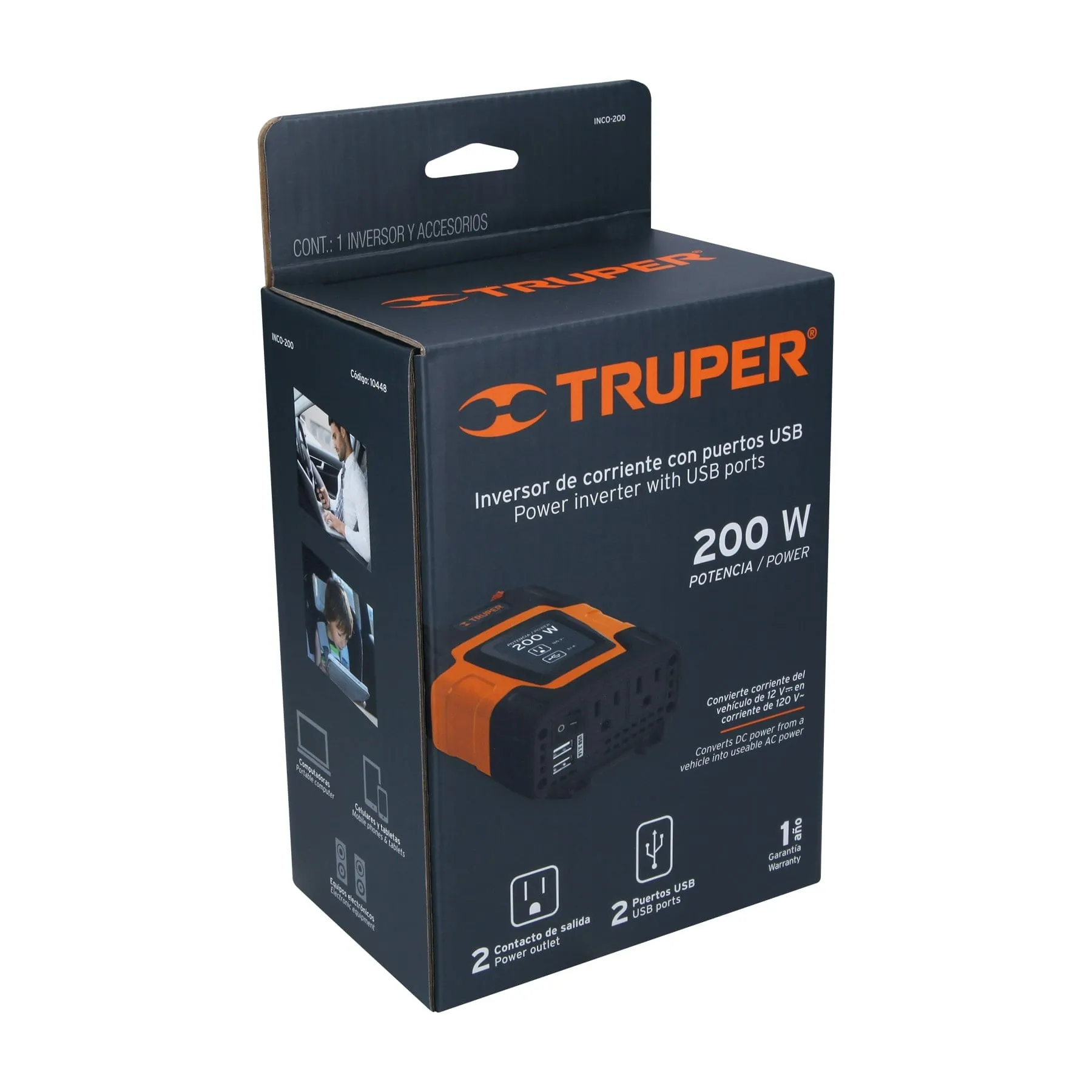 Inversor De Corriente 200 W Para Carro, Con Usb Y 2 Enchufes Truper