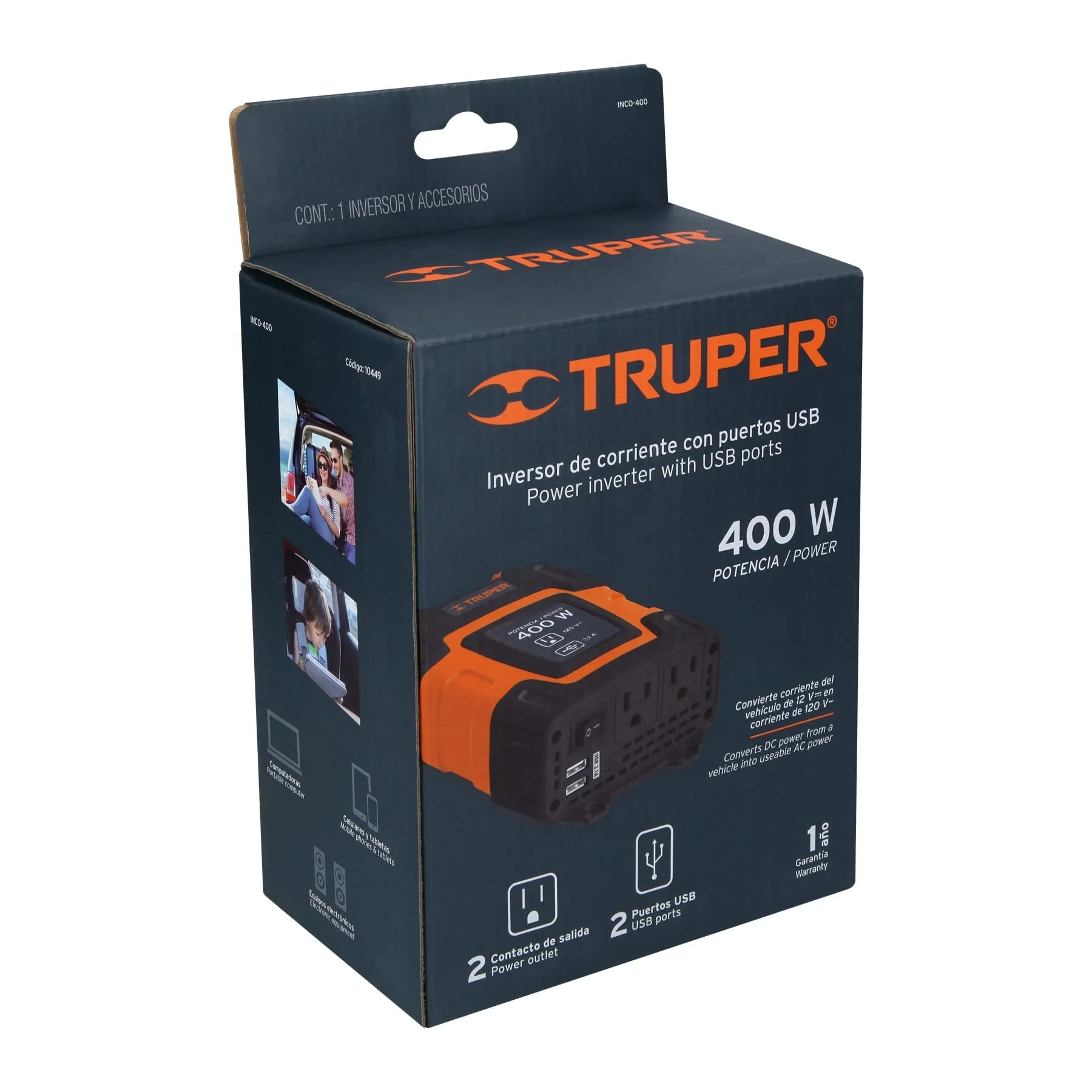 Inversor De Corriente 400 W Para Carro, Con Usb Y 2 Enchufes Truper