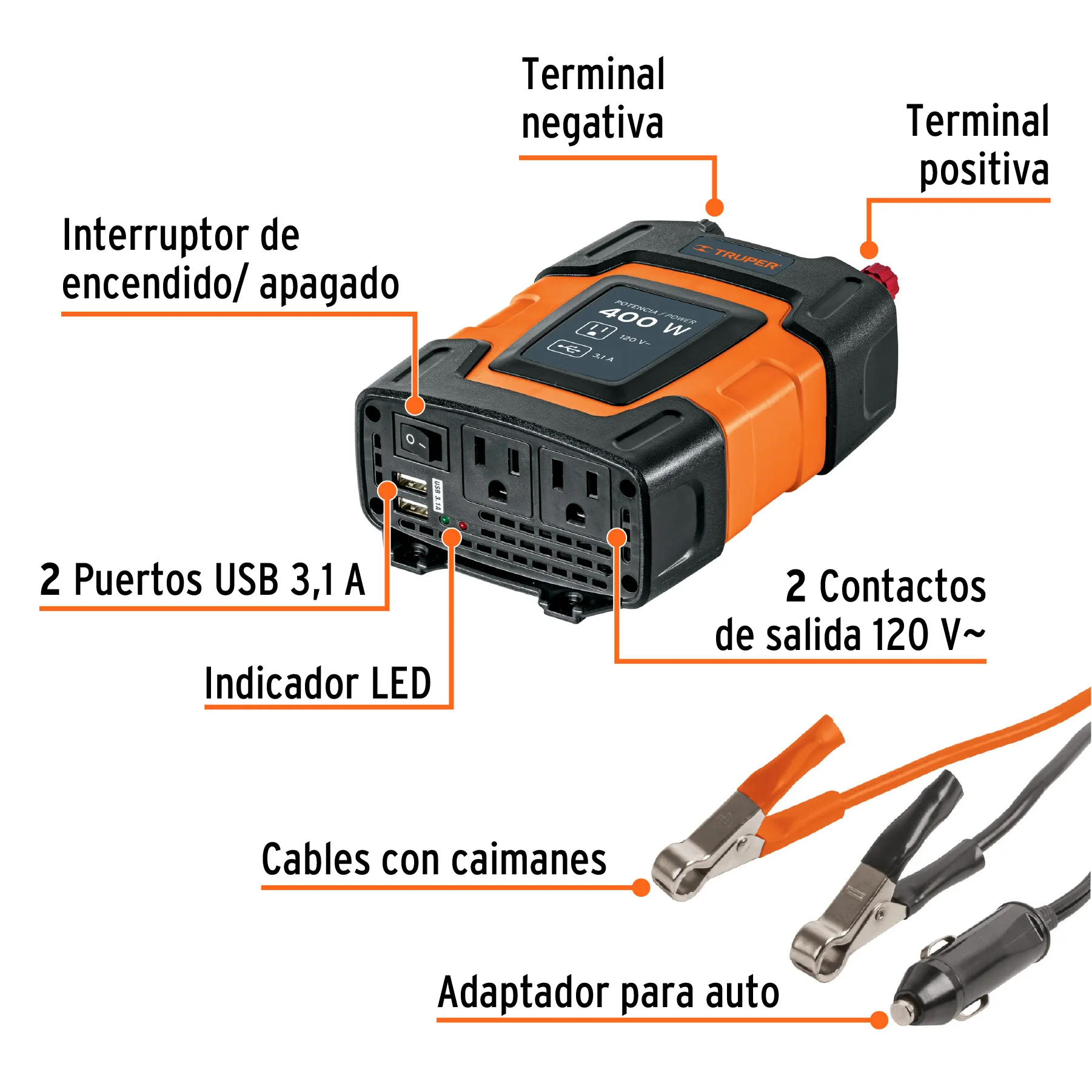 Inversor De Corriente 400 W Para Carro, Con Usb Y 2 Enchufes Truper