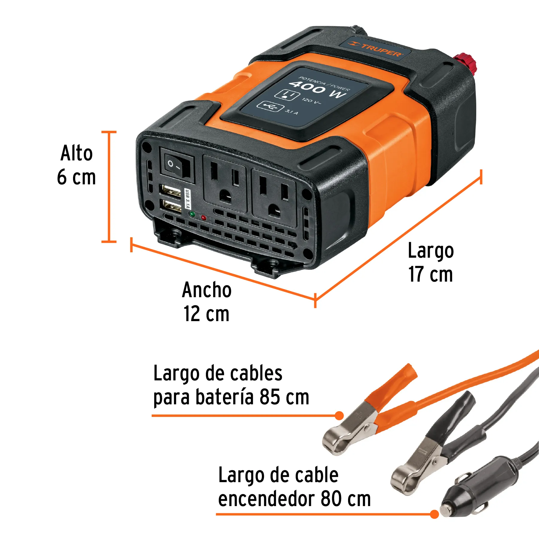 Inversor De Corriente 400 W Para Carro, Con Usb Y 2 Enchufes Truper