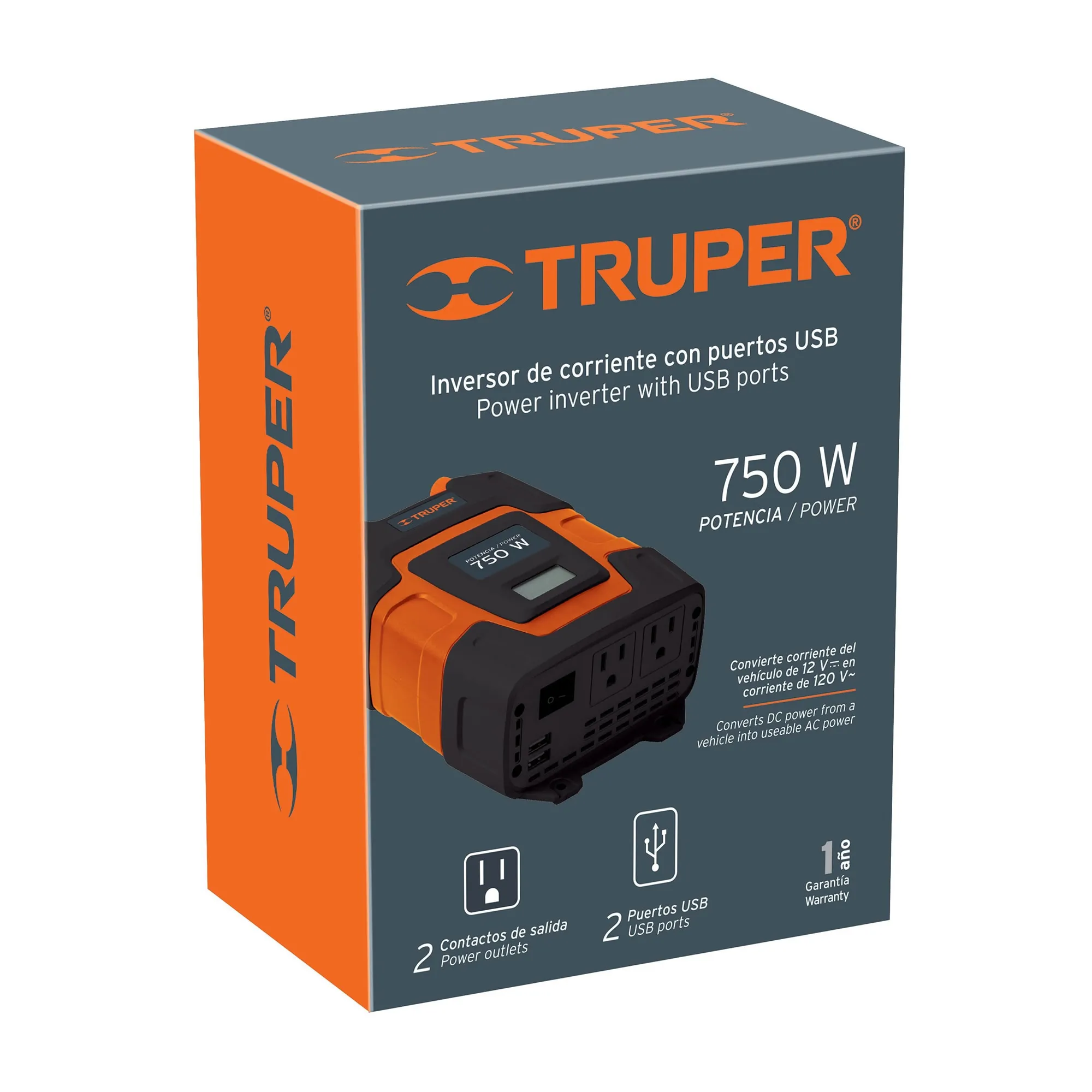 Inversor De Corriente 750 W Para Carro, Con Usb Y 2 Enchufes Truper