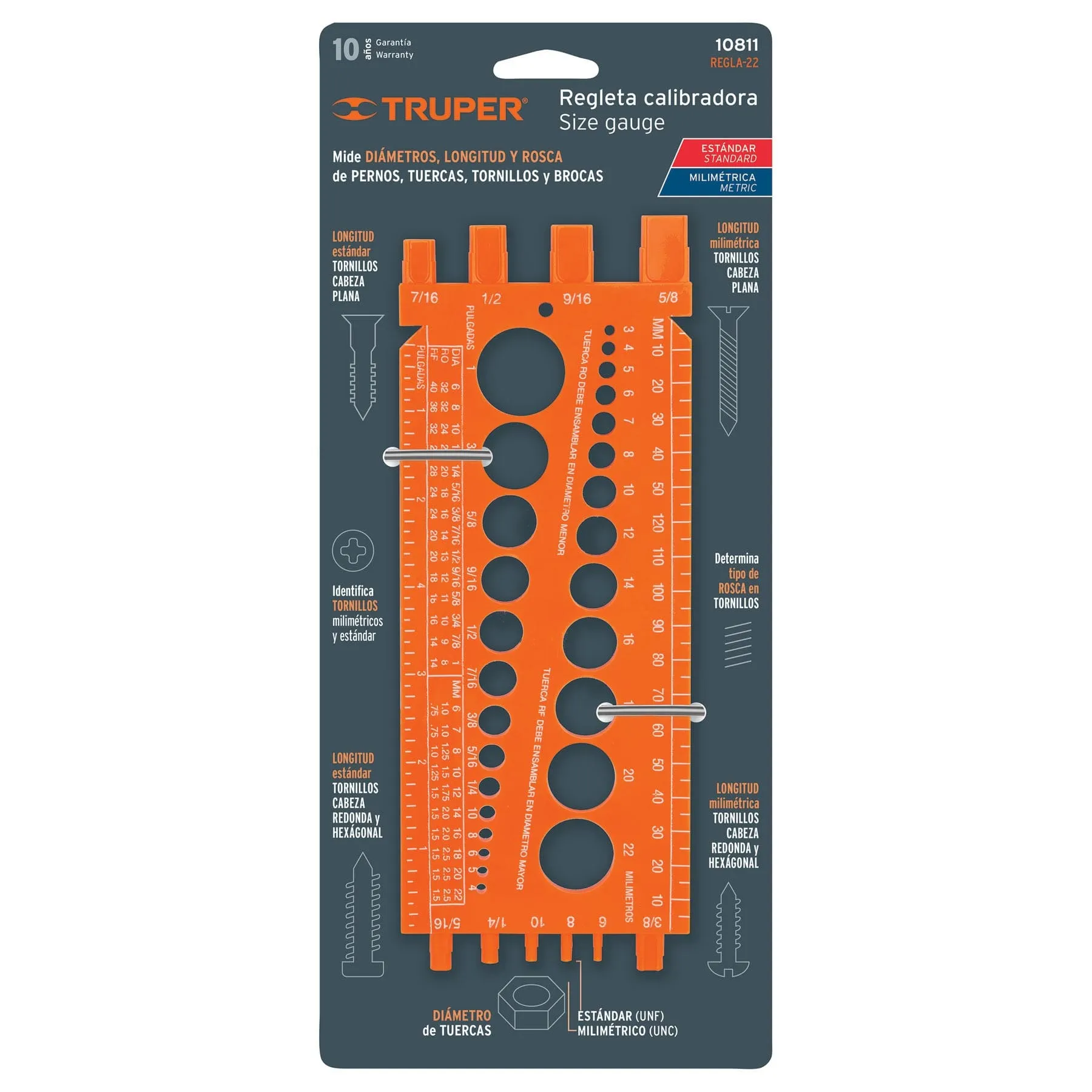 Regla Medidora Calibradora De Tuercas Y Tornillos De 22 Cm Truper