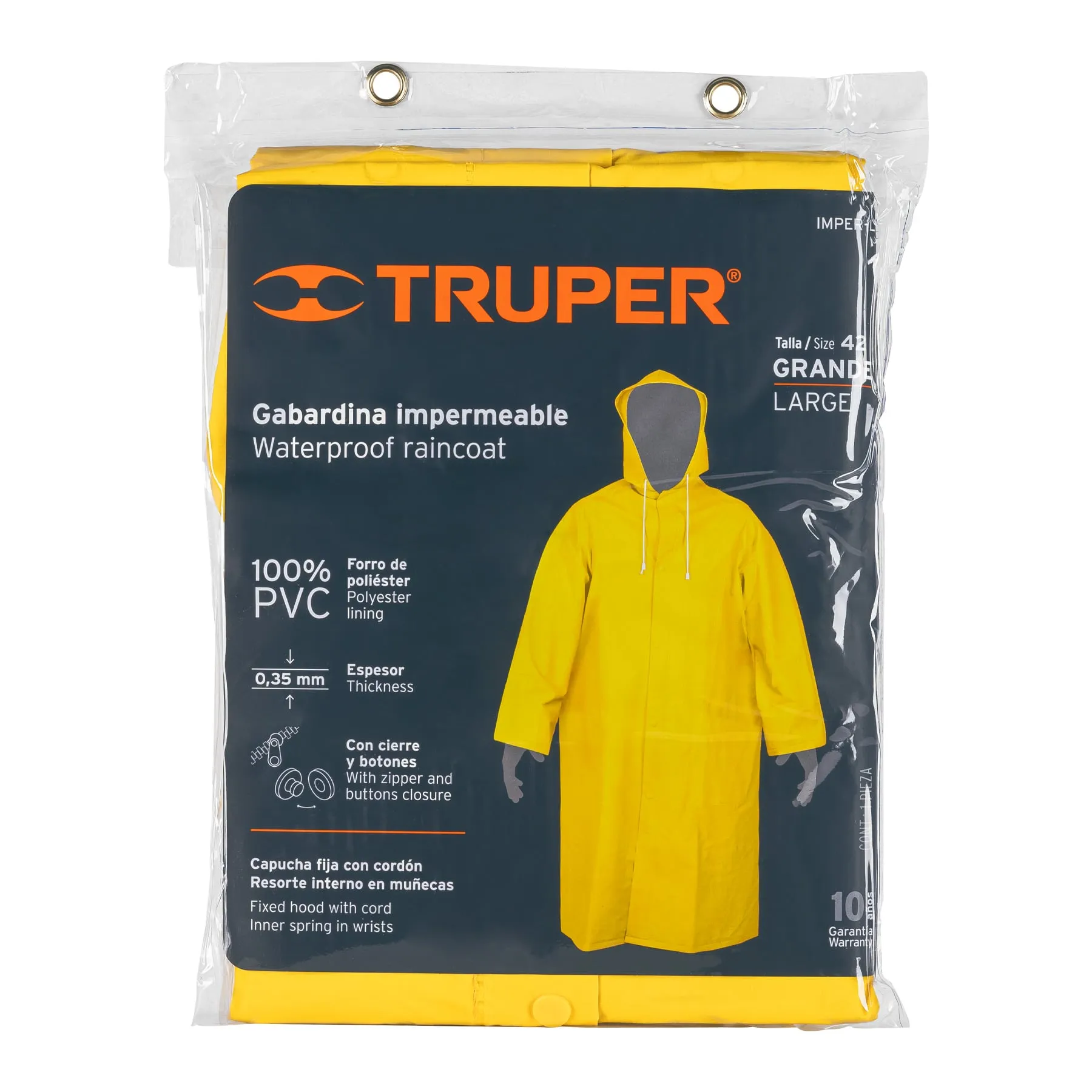 Capa Impermeable Amarilla De Pvc Con Capucha, Talla L Truper