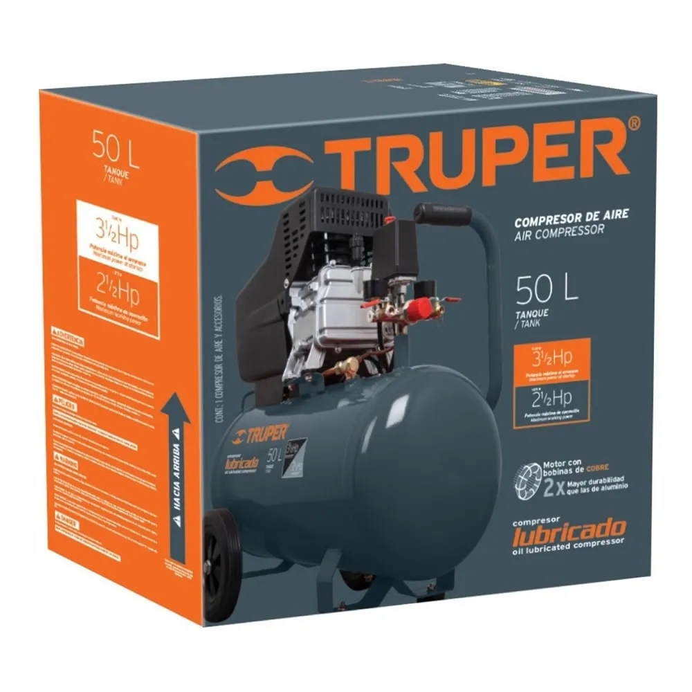 Compresor De Aire De 3.1/2 Hp, 50 Litros Con Bobina De Cobre Truper