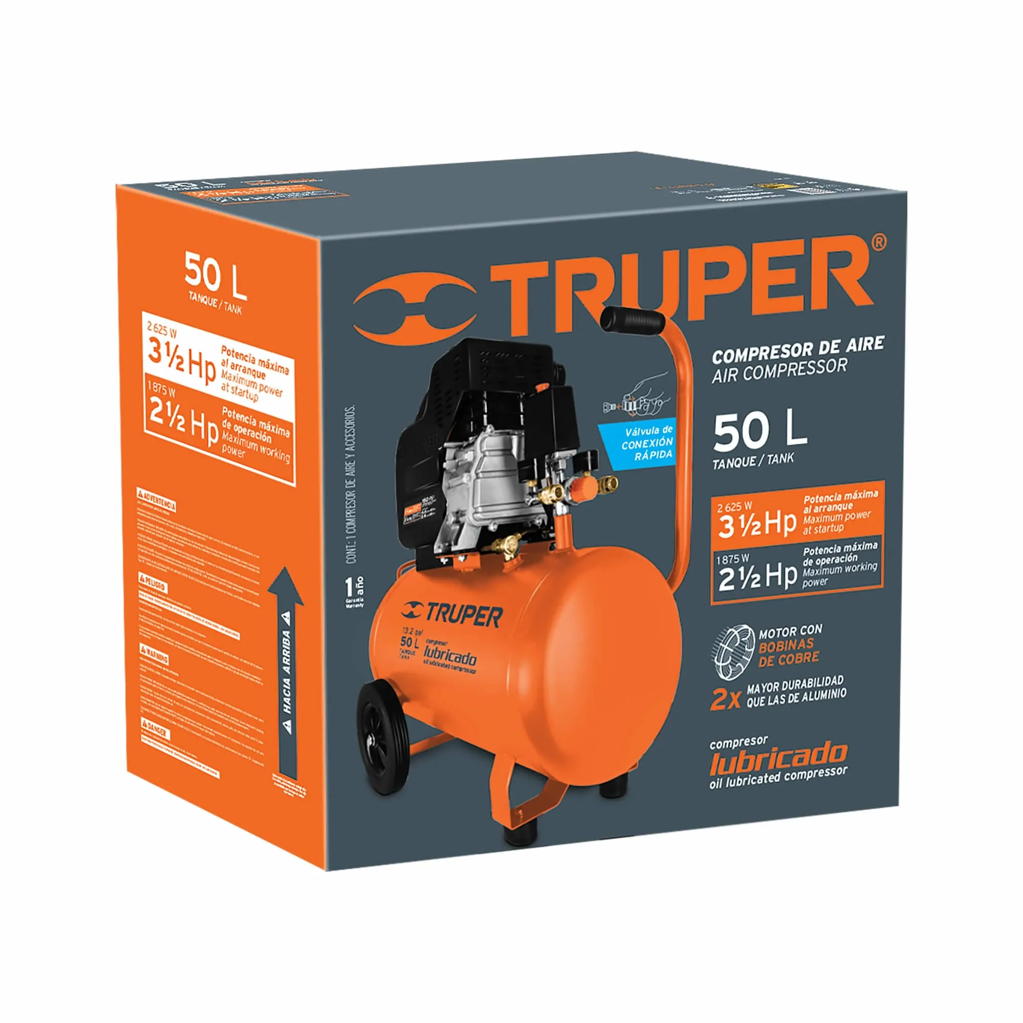 Compresor De Aire De 3.1/2 Hp, 50 Litros Con Bobina De Cobre Truper