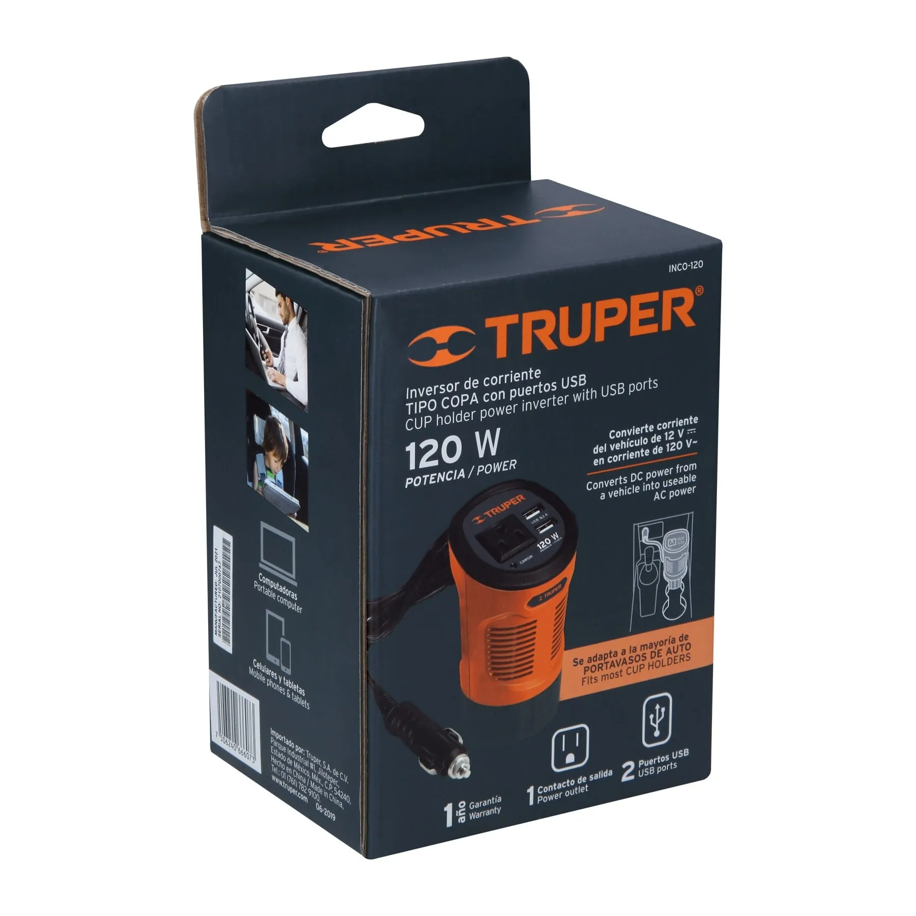 Inversor De Corriente Tipo Vaso De 120 W Con 1 Toma Y 2 Usb Truper