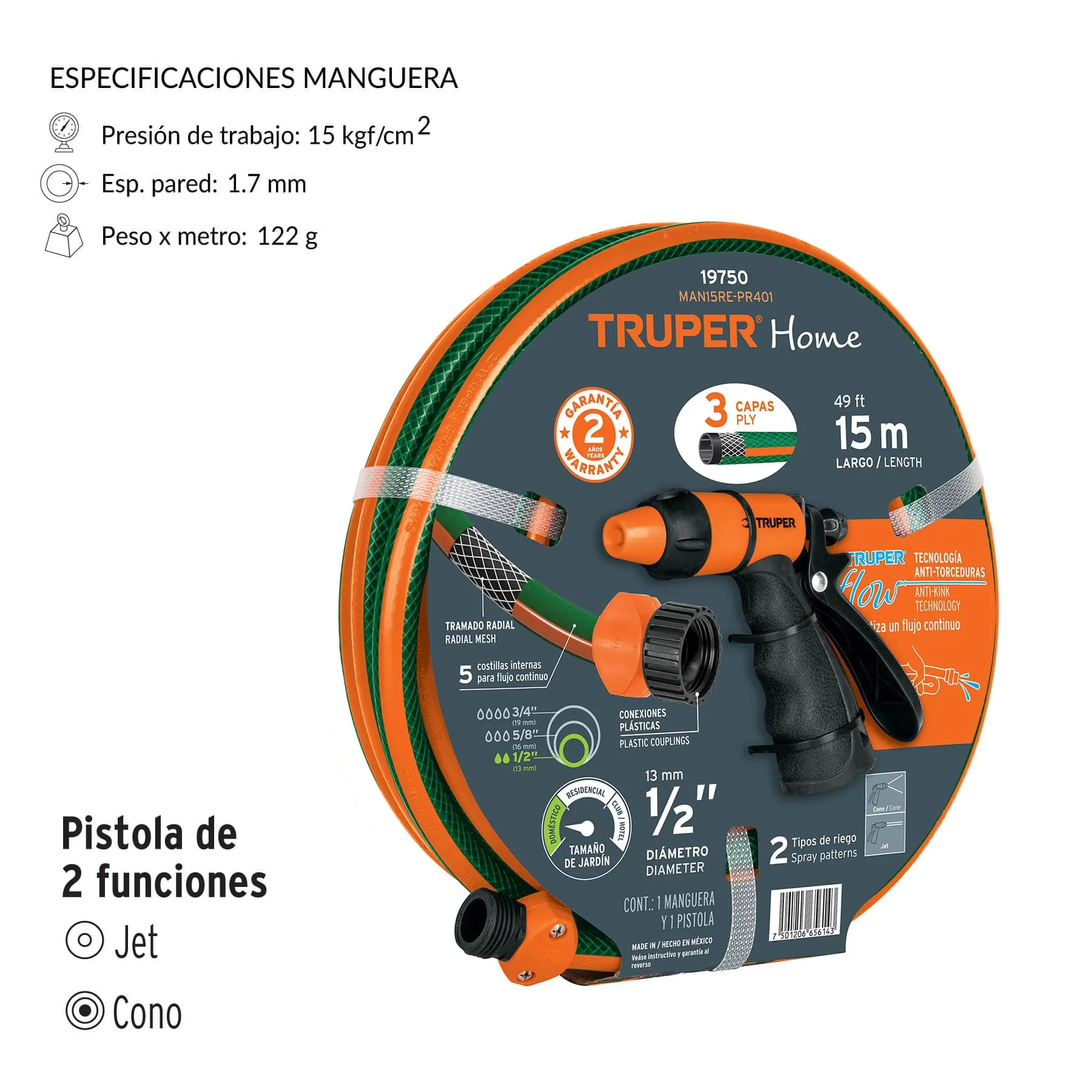 Set De Manguera Reforzada 15 M 3 Capas + Pistola De Riego Truper