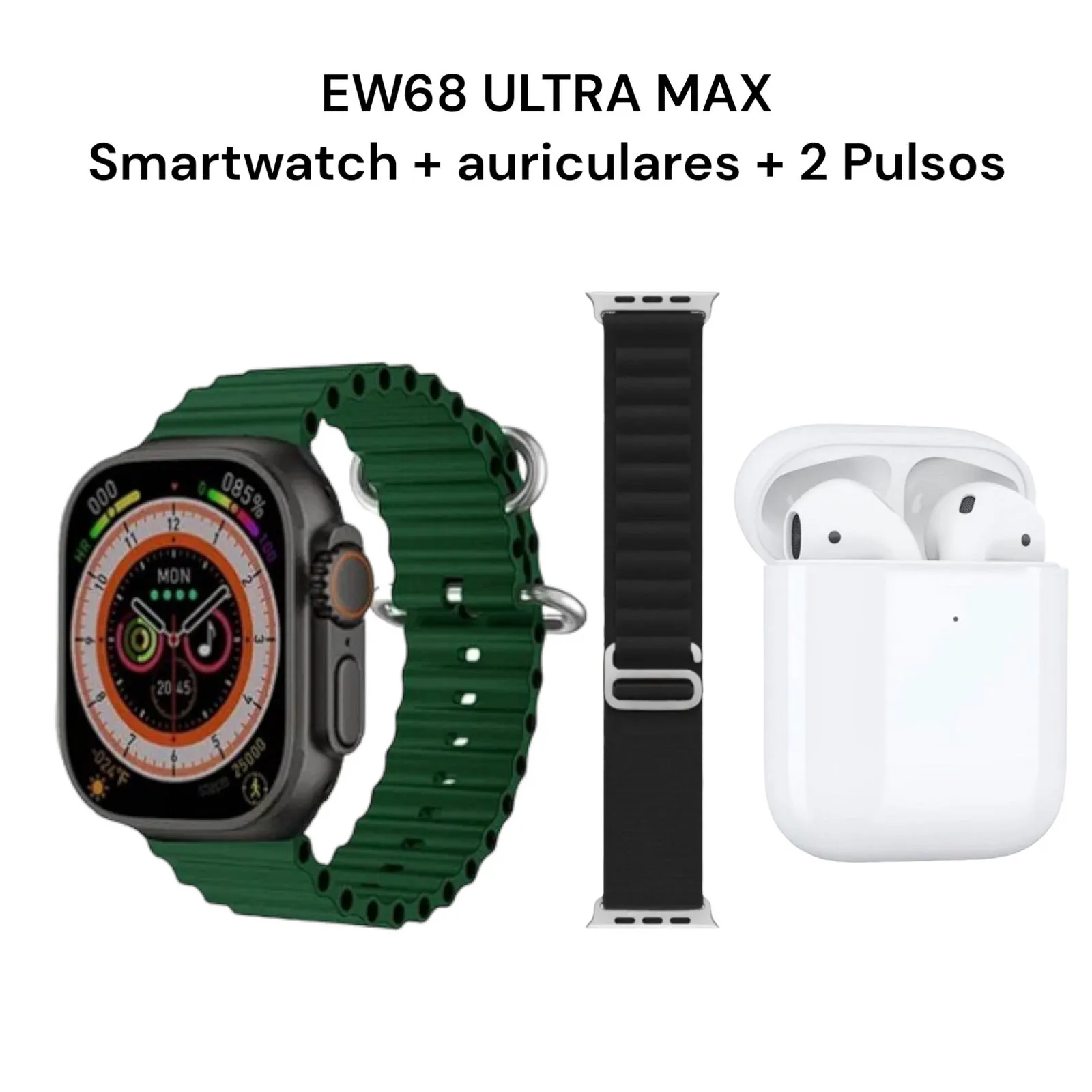 Reloj Inteligente Smartwatch EW68 + Audífono Bluetooth + 2 Pulsos