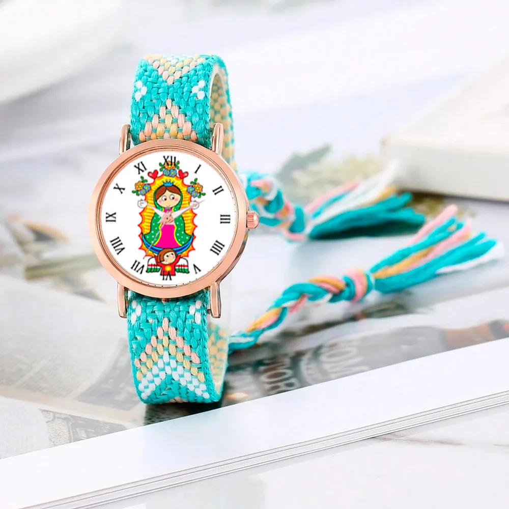 Reloj Virgen Guadalupe Dorado Tejido Artesanal + Estuche