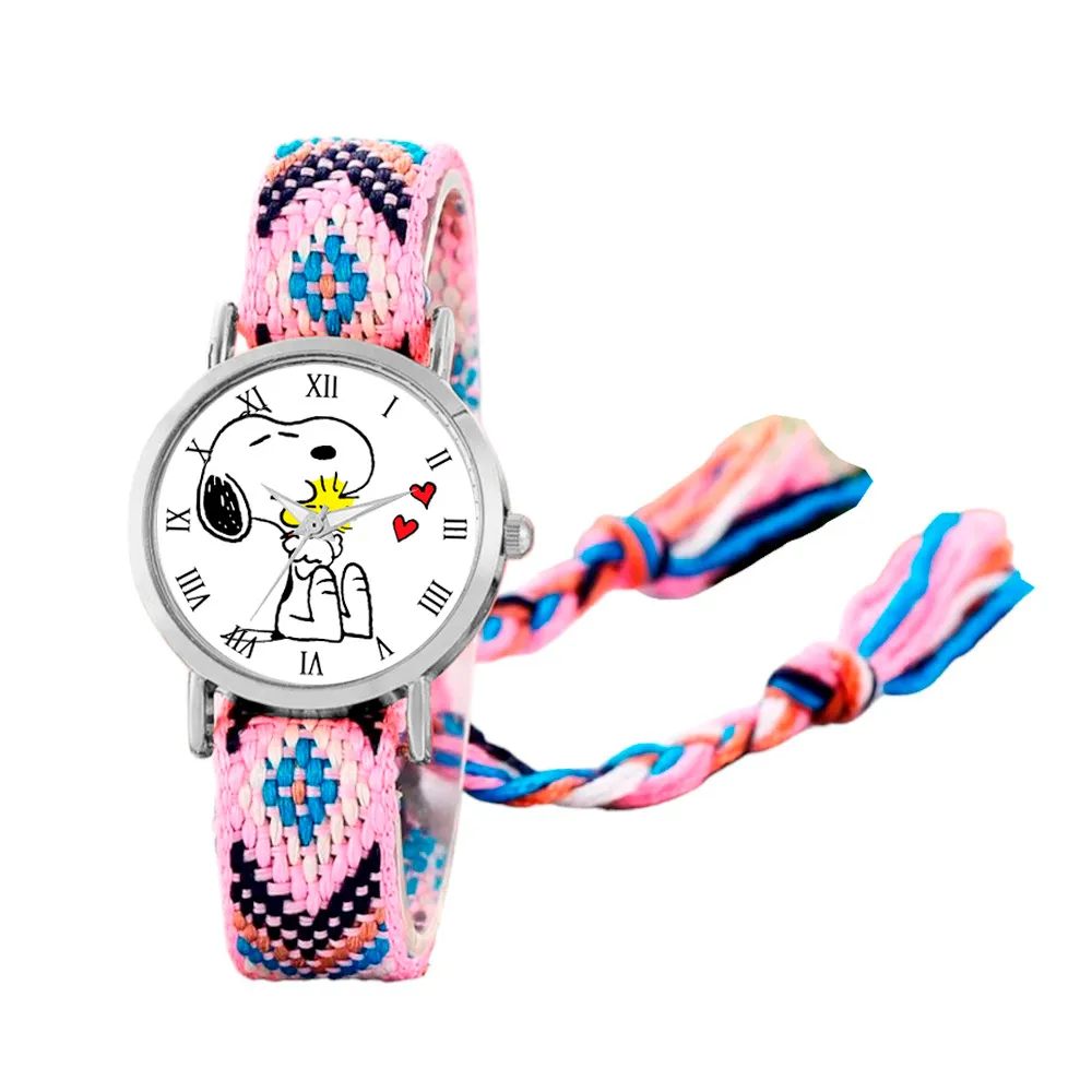 Reloj Snoopy Perro Plateado Tejido Artesanal + Estuche