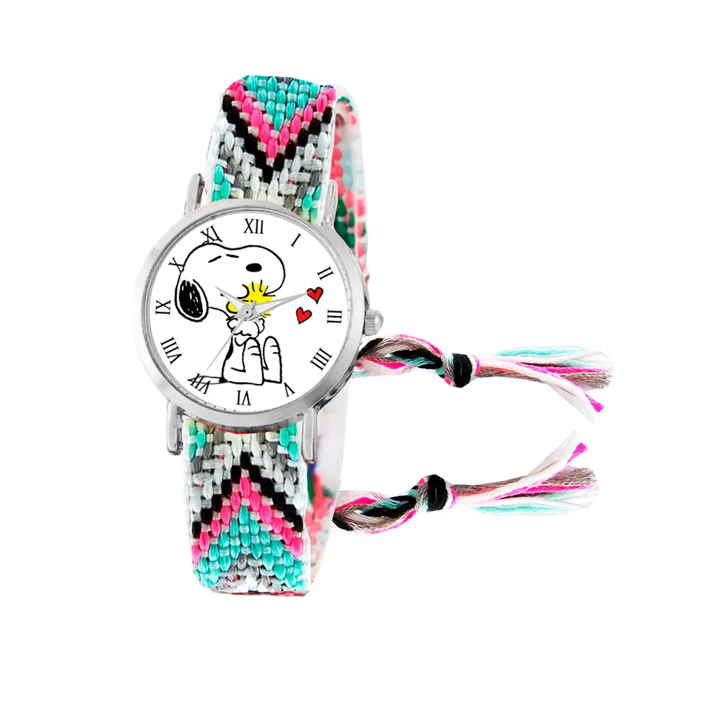 Reloj Snoopy Perro Plateado Tejido Artesanal + Estuche