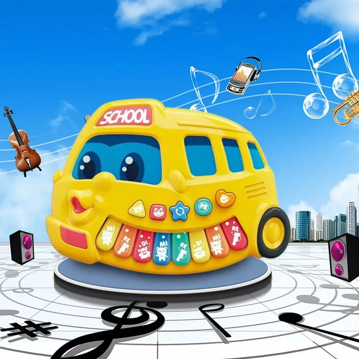 Piano Bus Escolar Sonido Y Notas Musicales Niños + Baterias