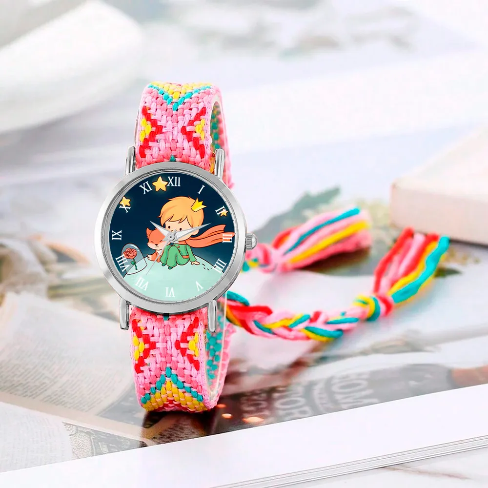 Reloj Principito Zorrito Plateado Tejido Artesanal + Estuche