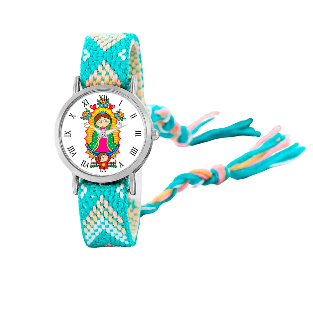 Reloj Virgen Guadalupe Plateado Tejido Artesanal + Estuche