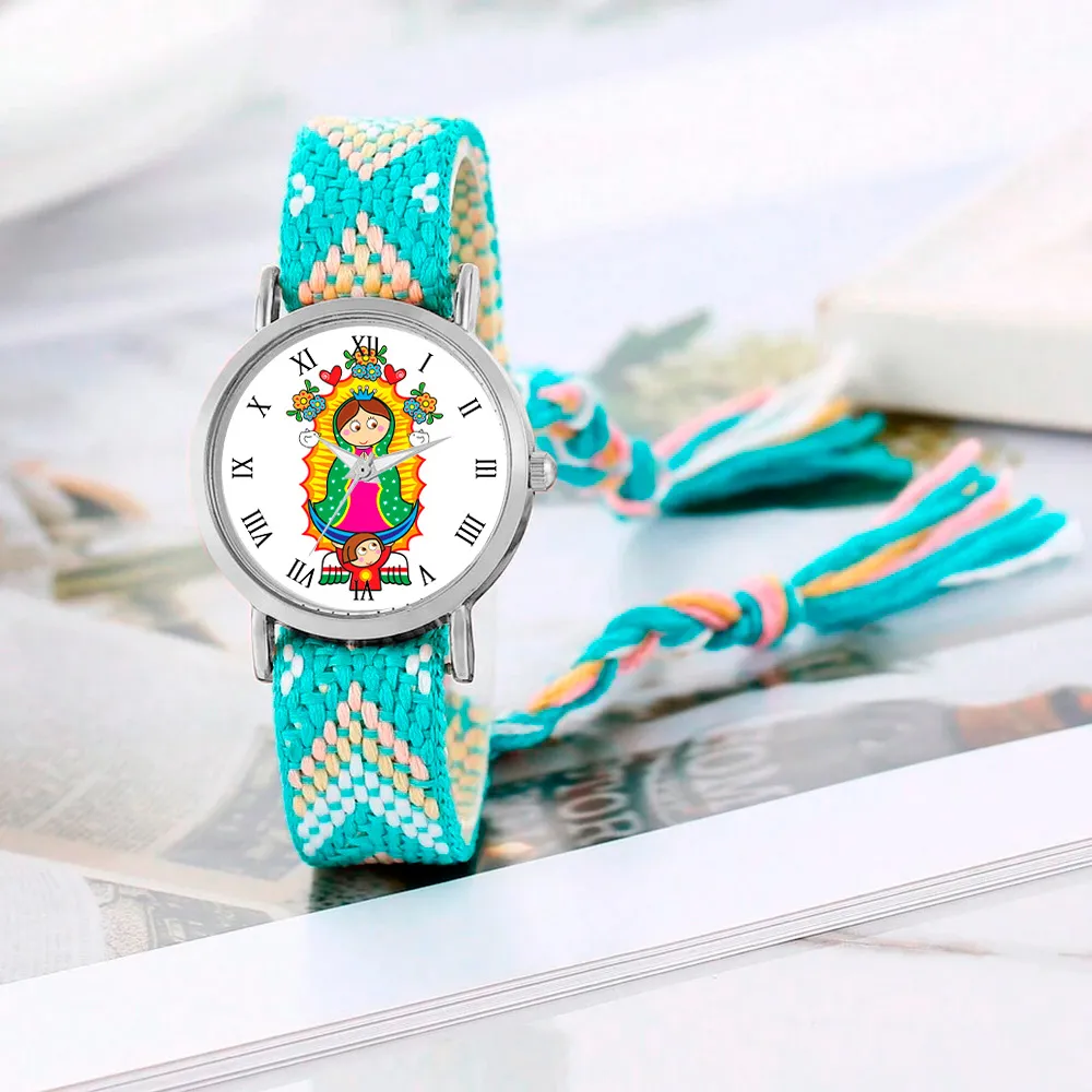 Reloj Virgen Guadalupe Plateado Tejido Artesanal + Estuche