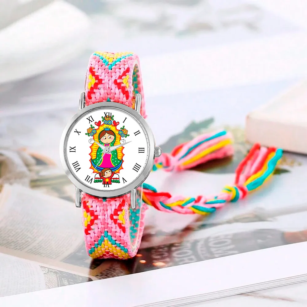 Reloj Virgen Guadalupe Plateado Tejido Artesanal + Estuche