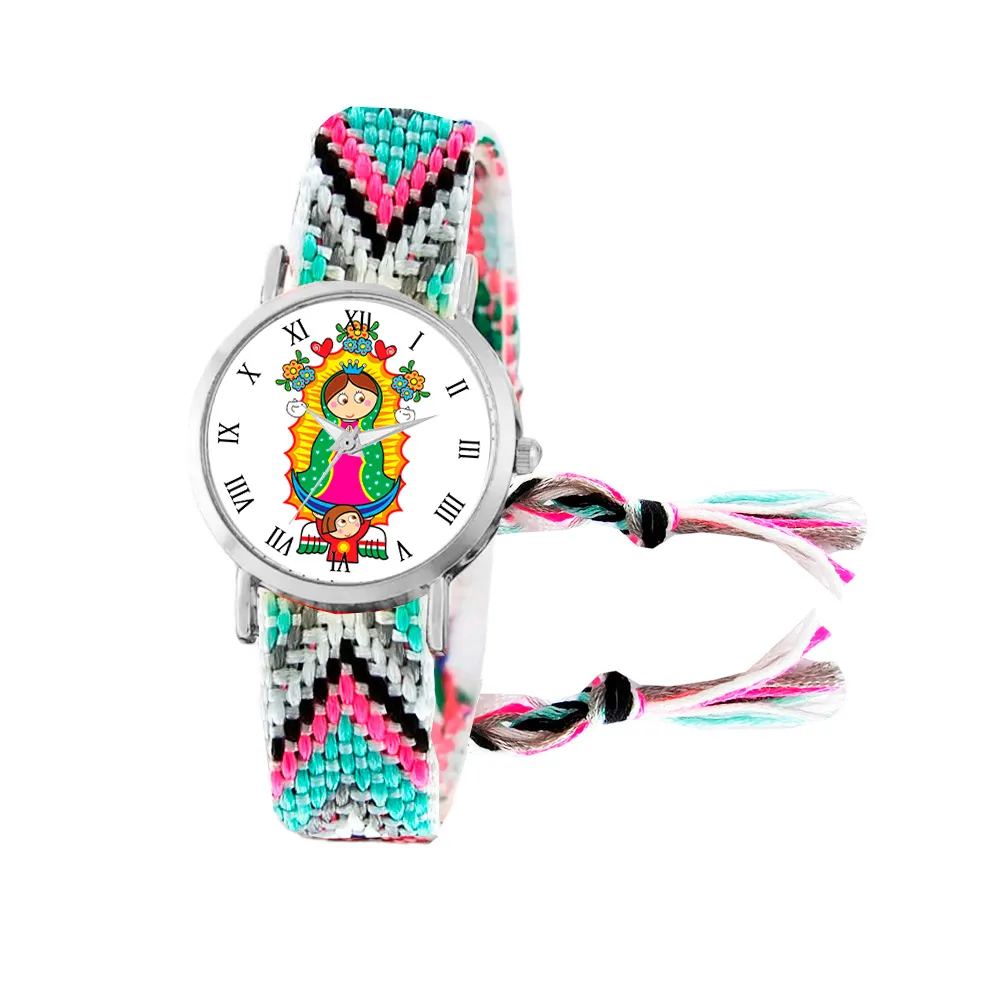 Reloj Virgen Guadalupe Plateado Tejido Artesanal + Estuche