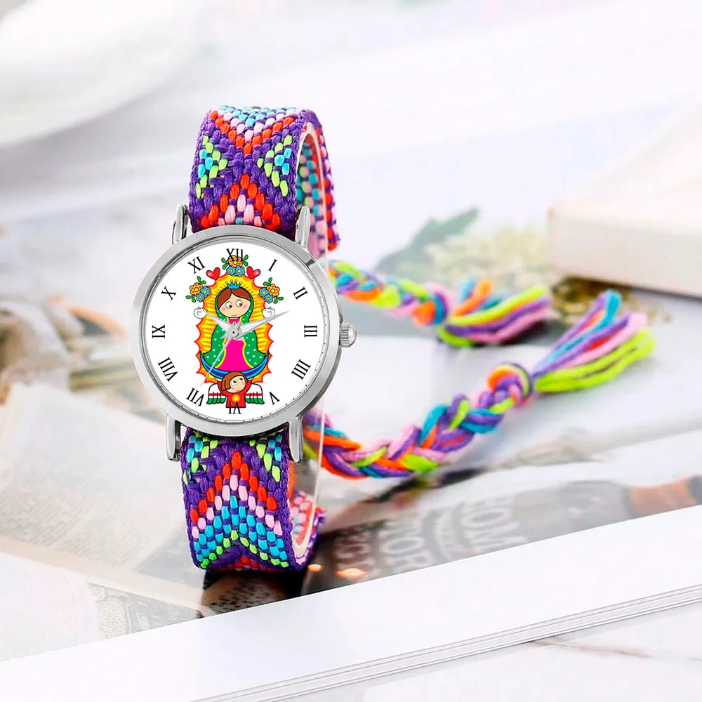 Reloj Virgen Guadalupe Plateado Tejido Artesanal + Estuche