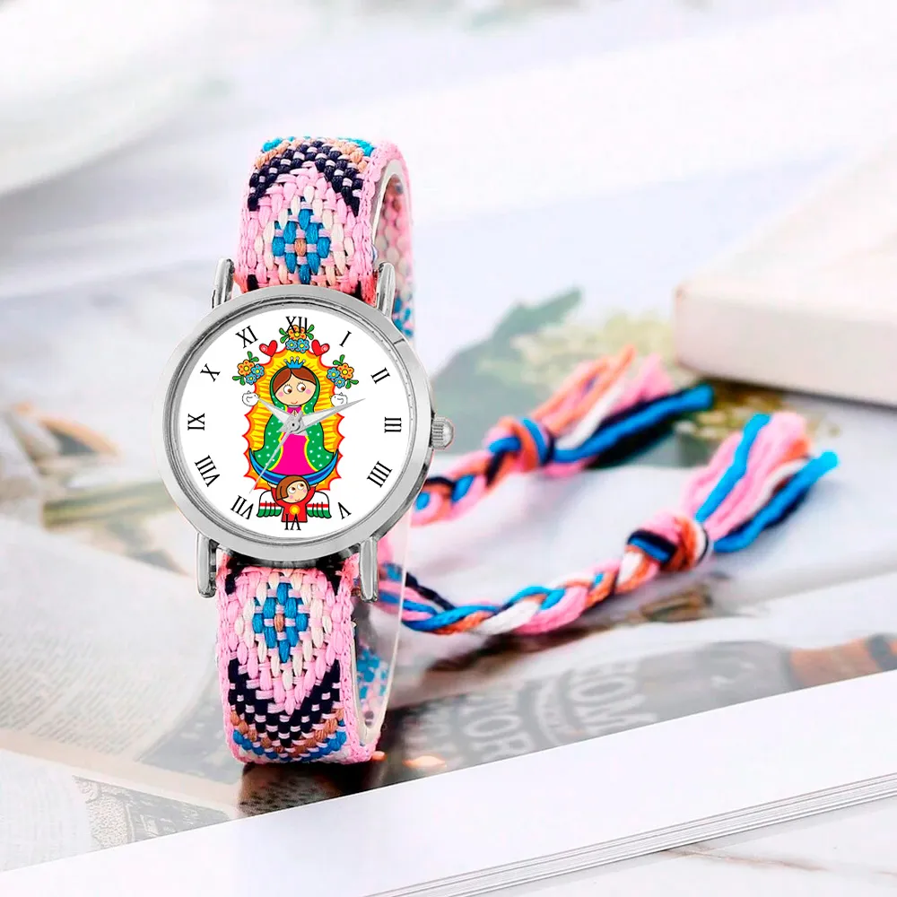 Reloj Virgen Guadalupe Plateado Tejido Artesanal + Estuche