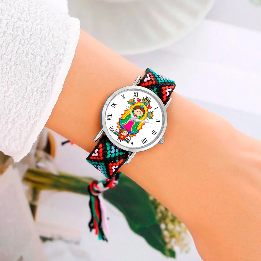 Reloj Virgen Guadalupe Plateado Tejido Artesanal + Estuche