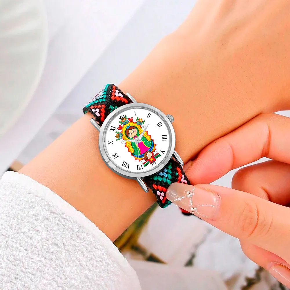 Reloj Virgen Guadalupe Plateado Tejido Artesanal + Estuche