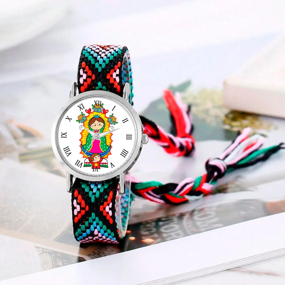 Reloj Virgen Guadalupe Plateado Tejido Artesanal + Estuche