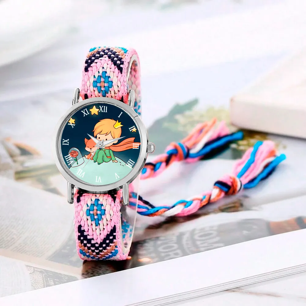 Reloj Principito Zorrito Plateado Tejido Artesanal + Estuche